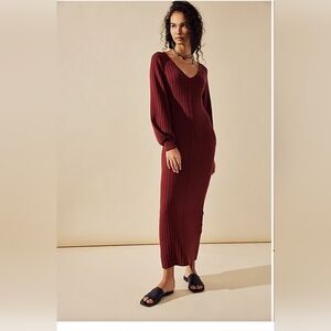 Free People Rosha Sweater Midi, Small Burgundy